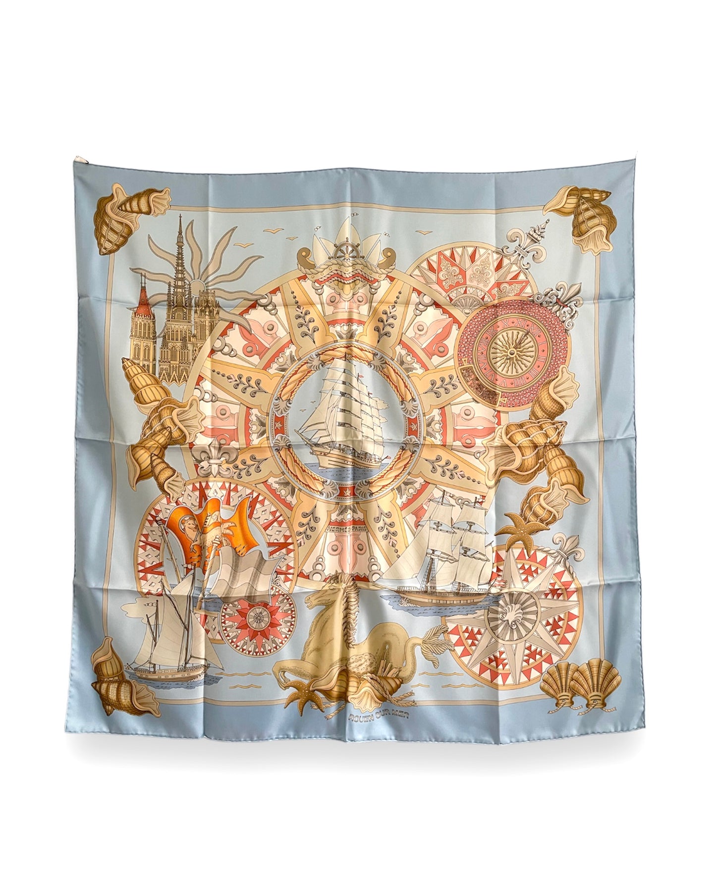 Carré de soie Hermès "Rouen sur Mer" signé J.METZ.