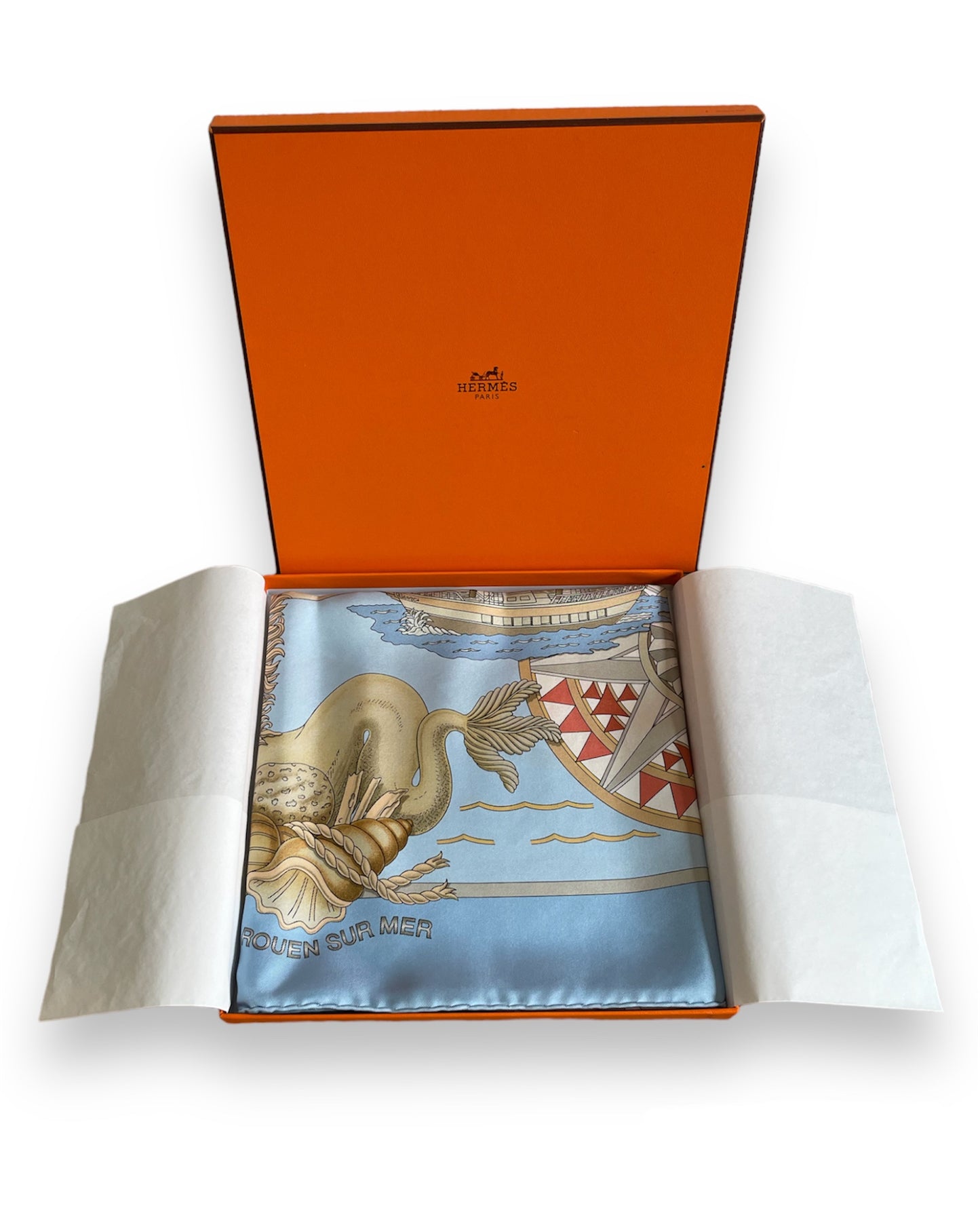 Carré de soie Hermès "Rouen sur Mer" signé J.METZ.