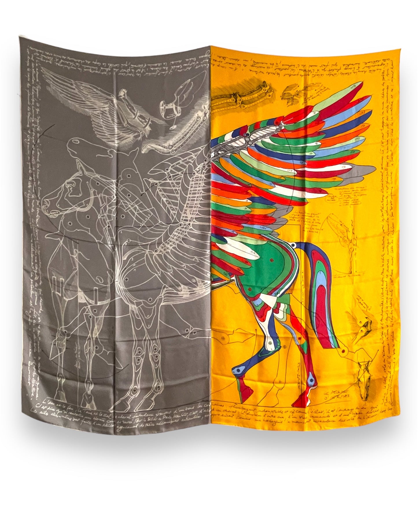 Carré de soie Le Pégase d'Hermès jaune et gris