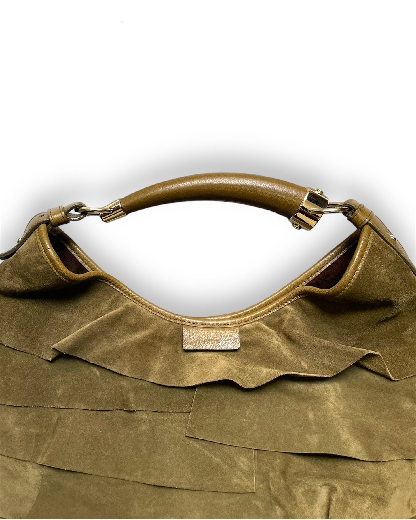 Sac Yves Saint Laurent "Saint-Tropez" en daim kaki.