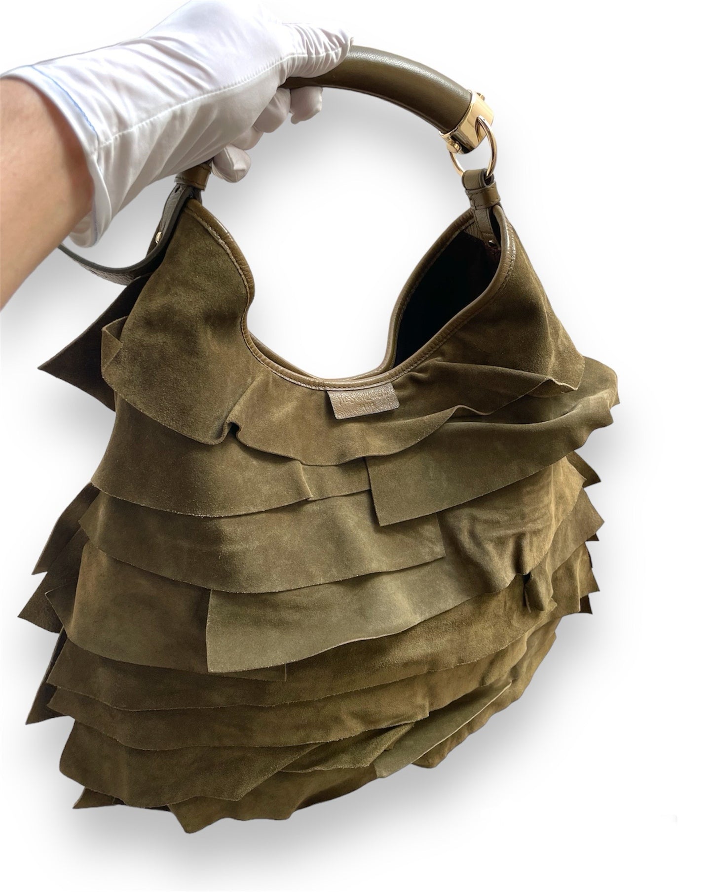 Sac Yves Saint Laurent "Saint-Tropez" en daim kaki.
