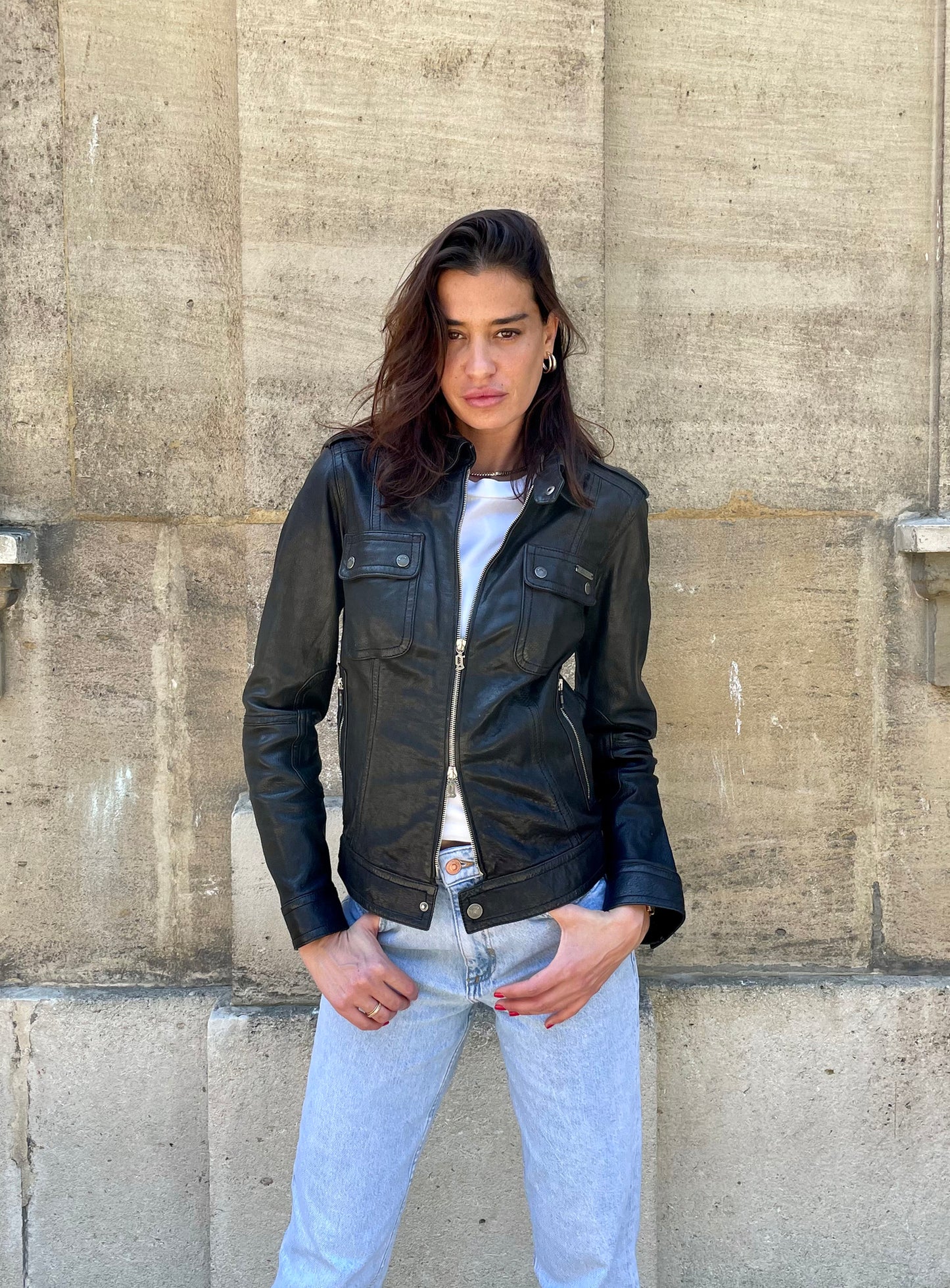 Veste Galliano en cuir noir