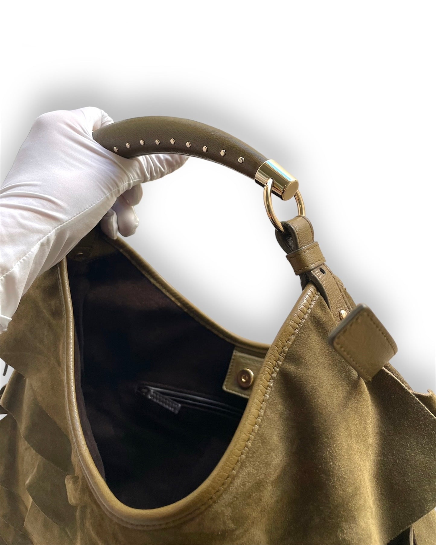 Sac Yves Saint Laurent "Saint-Tropez" en daim kaki.