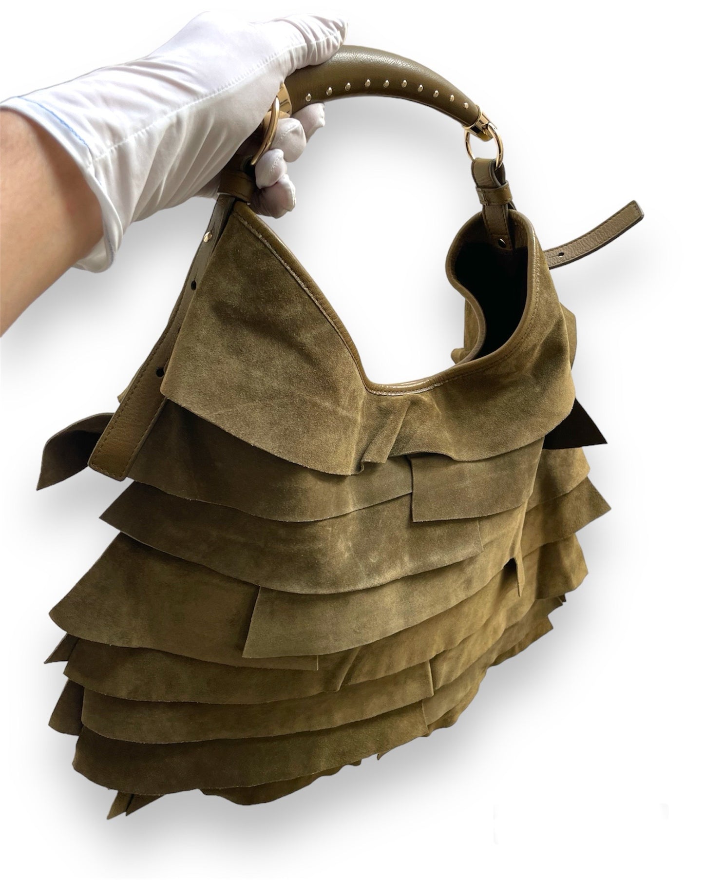 Sac Yves Saint Laurent "Saint-Tropez" en daim kaki.