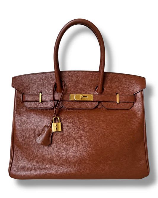 Sac Hermès Birkin 35 marron de 2005 en cuir et bijoux doré.