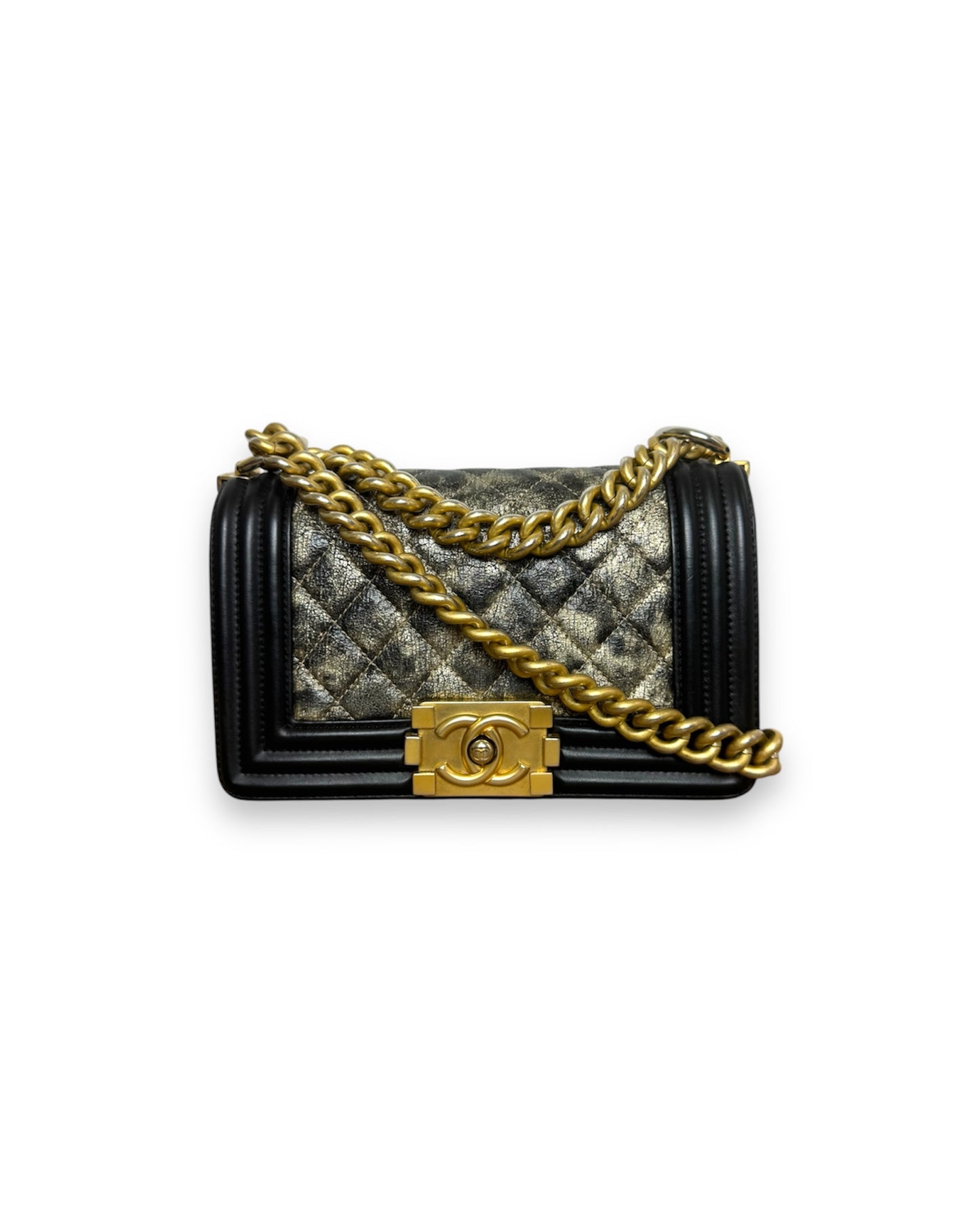 Sac Chanel mini boy en cuir noir et doré