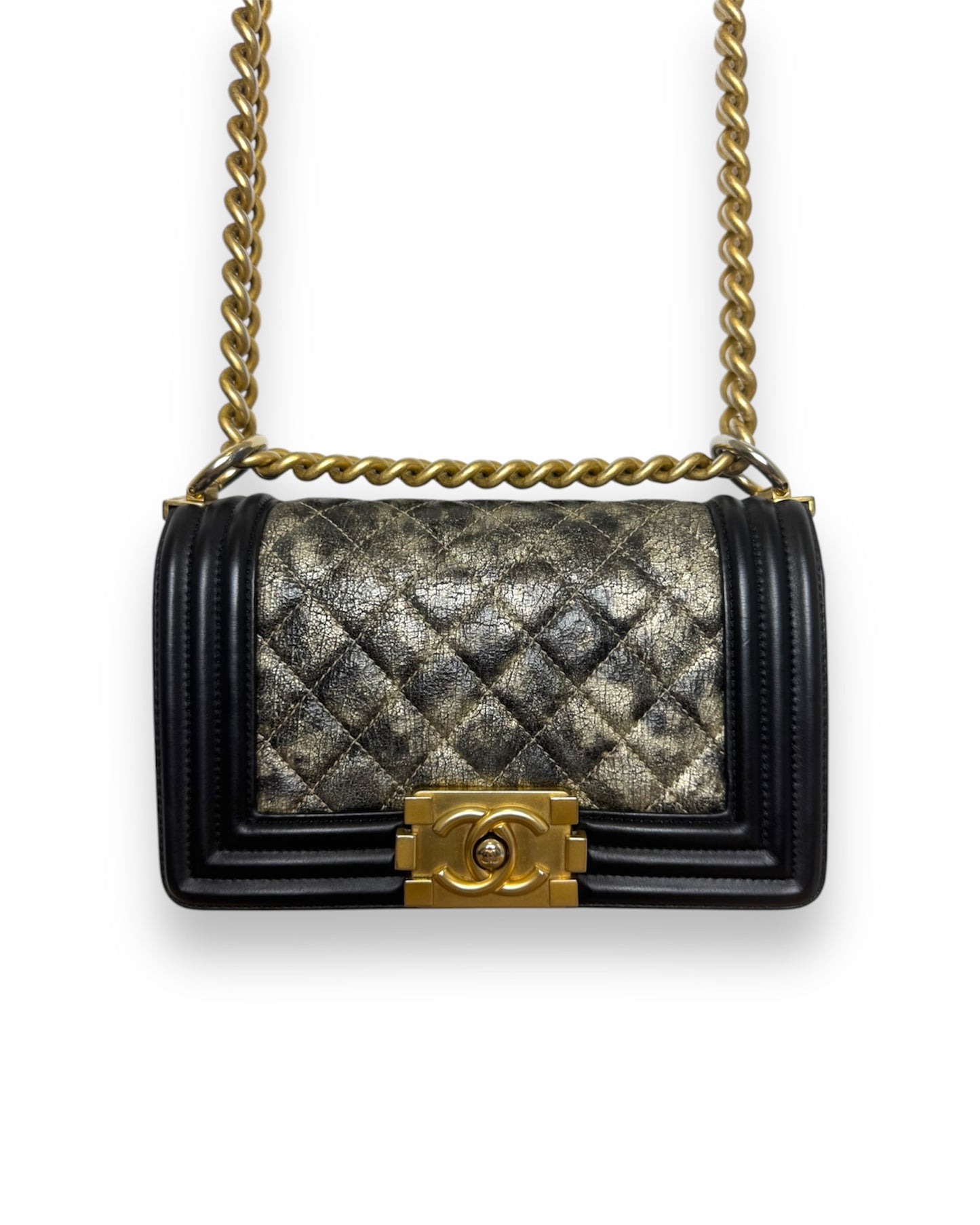 Sac Chanel mini boy en cuir noir et doré