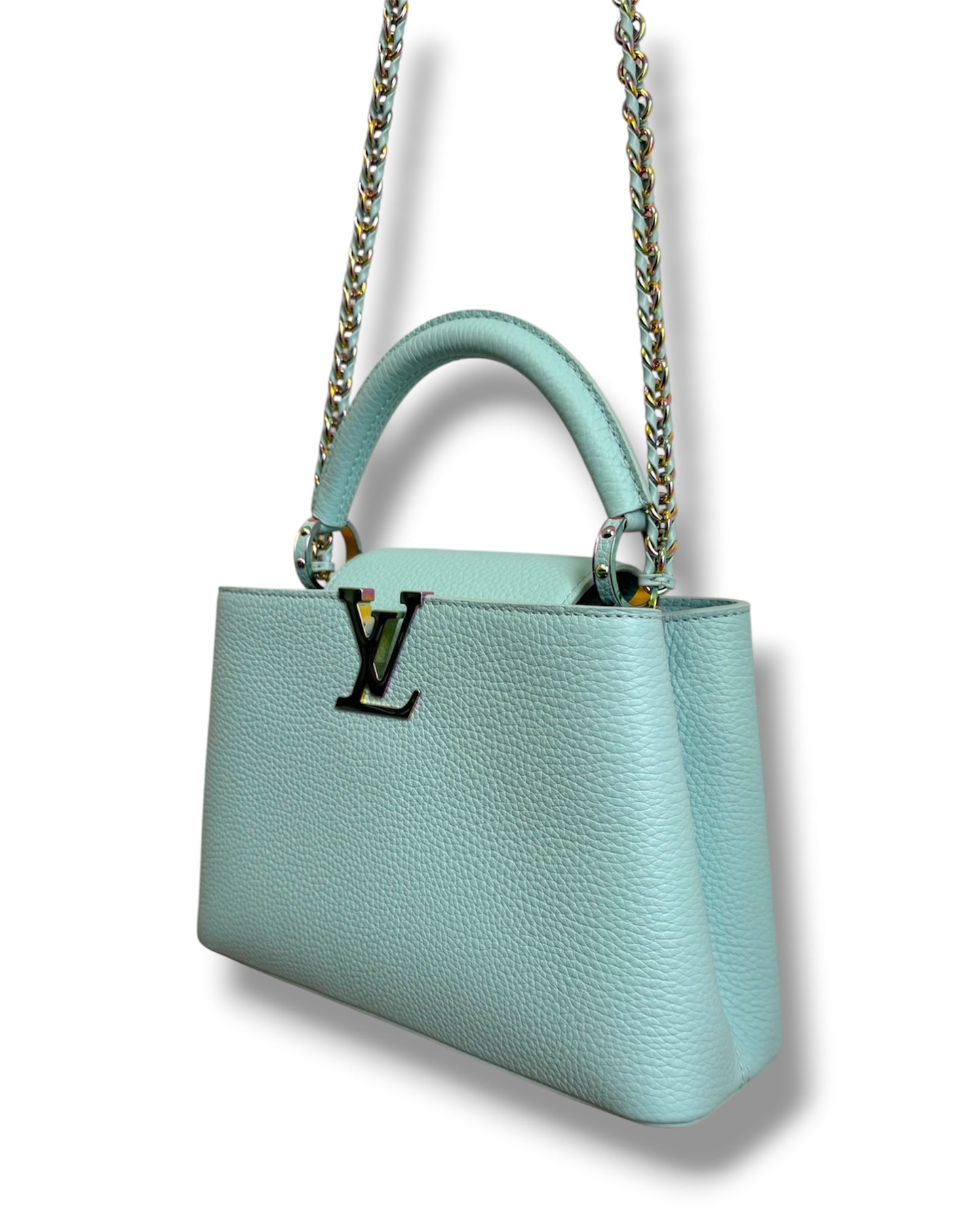 Sac Louis Vuitton Capucines BB en cuir turquoise