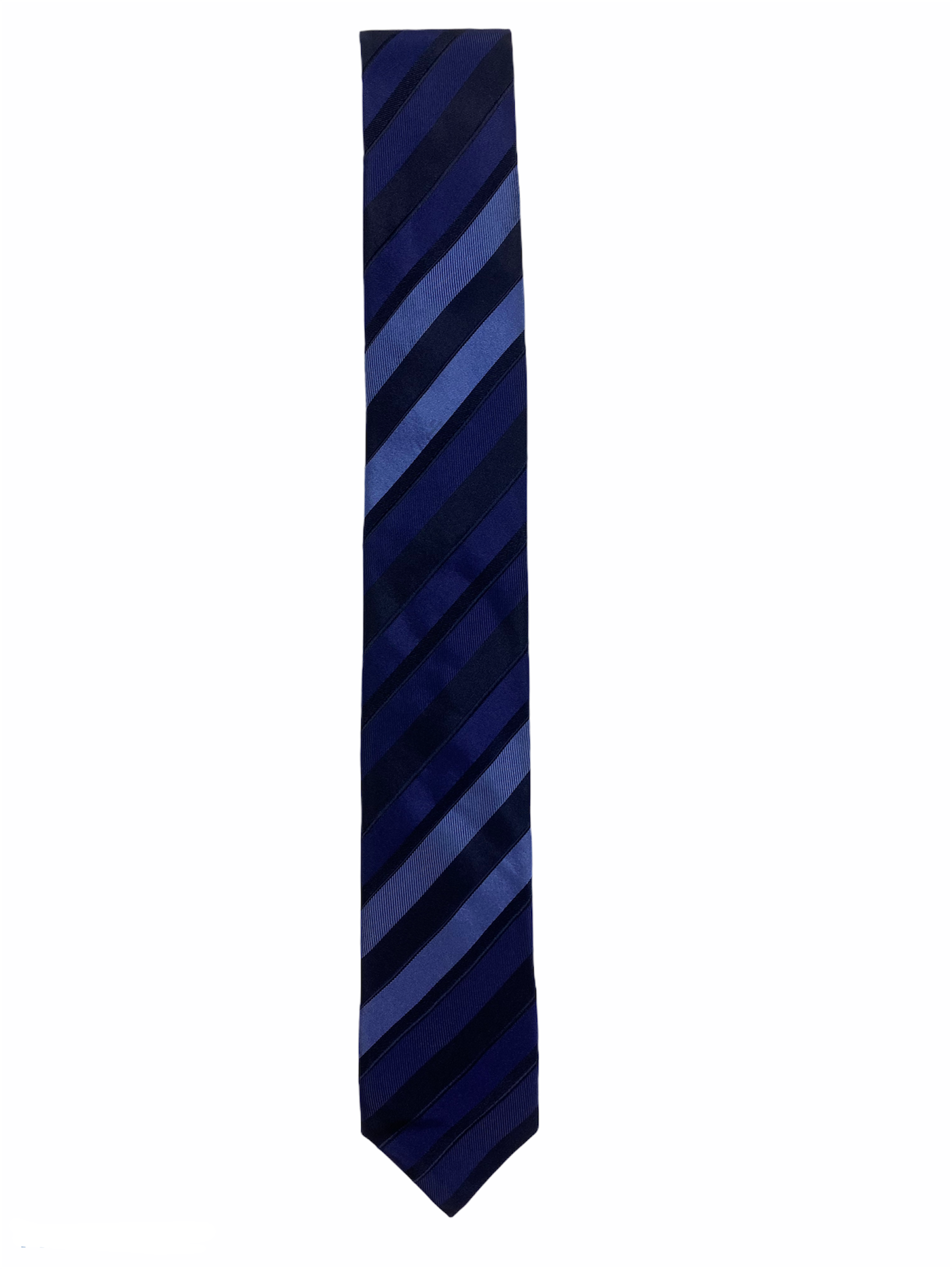 Cravate Rykiel à rayures bleus, 100% soie.