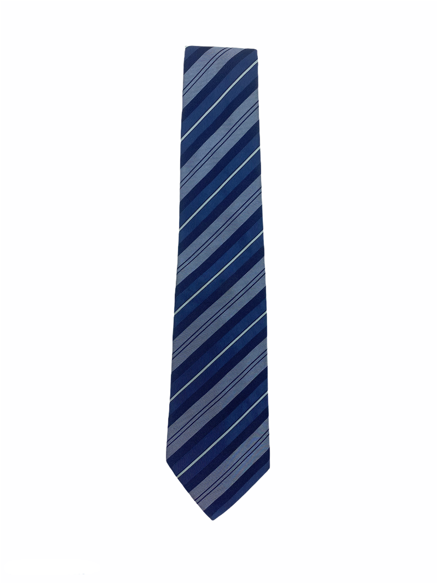 Cravate Giorgio Armani à rayures diagonales, camaïeu de bleu (bleu marine, bleu clair et bleu nuit), en soie 100 %, made in italy.