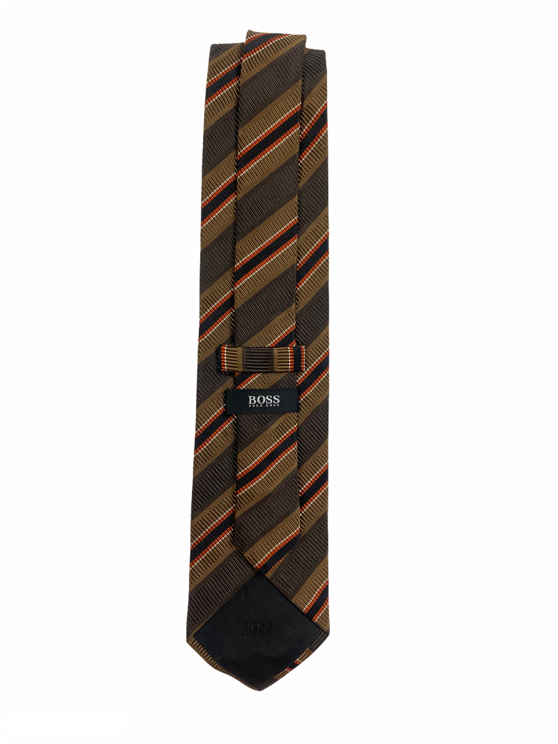 Cravate Boss 55 % soie et 45 % coton, à rayures diagonales d'un camaïeu de marron.