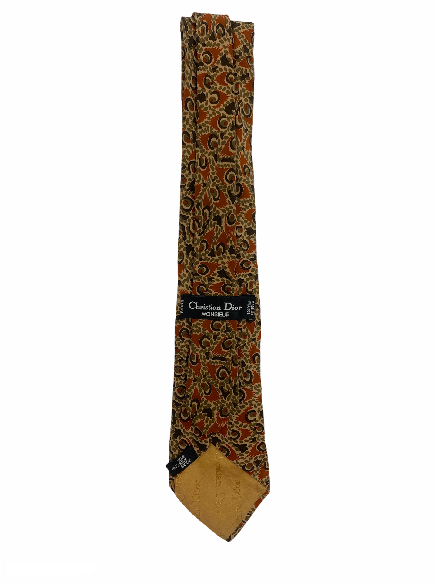 Cravate Dior en soie 100% au motif fleuri et à la couleur dominante marron.