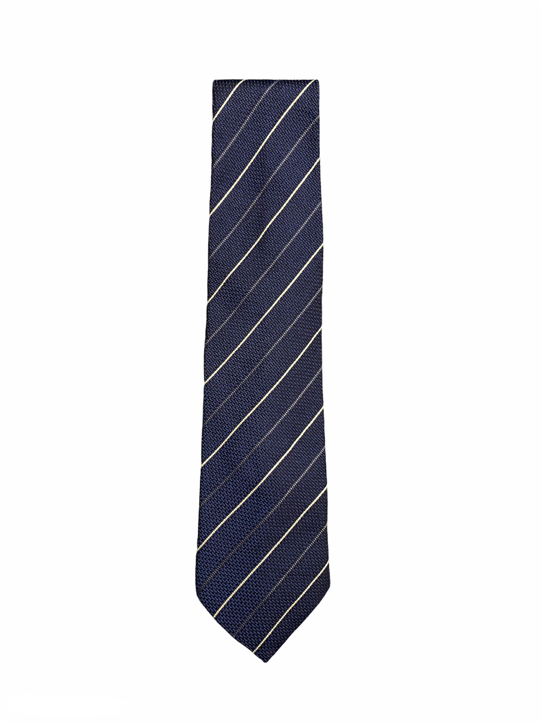 Cravate HUGO BOSS bleue à fines rayures blanches, 100% soie.