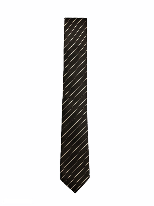 Cravate CARVEN noire à fines rayures blanches diagonales, en soie 100%. Produit jamais porté sans étiquette.